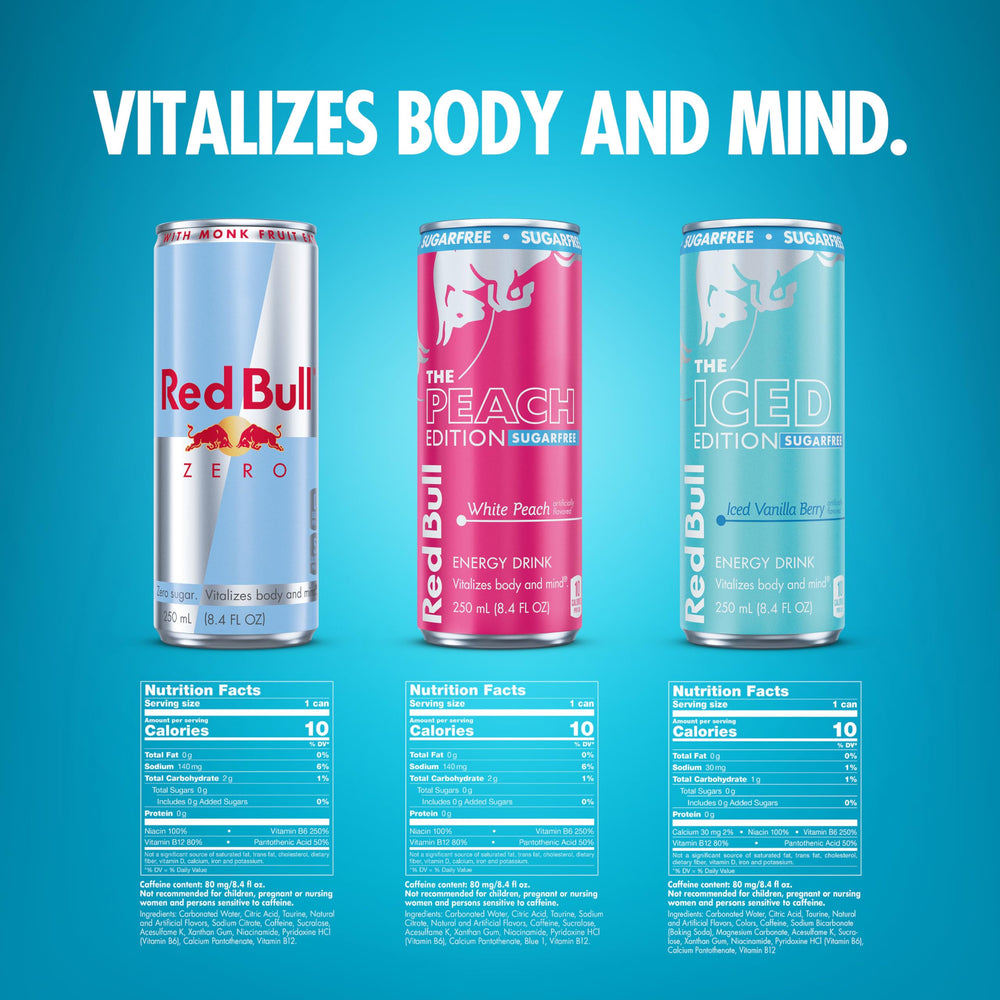 Red Bull Zero Sugar Iced Vanilla Berry can showcasing bold flavor and caffeine boost.