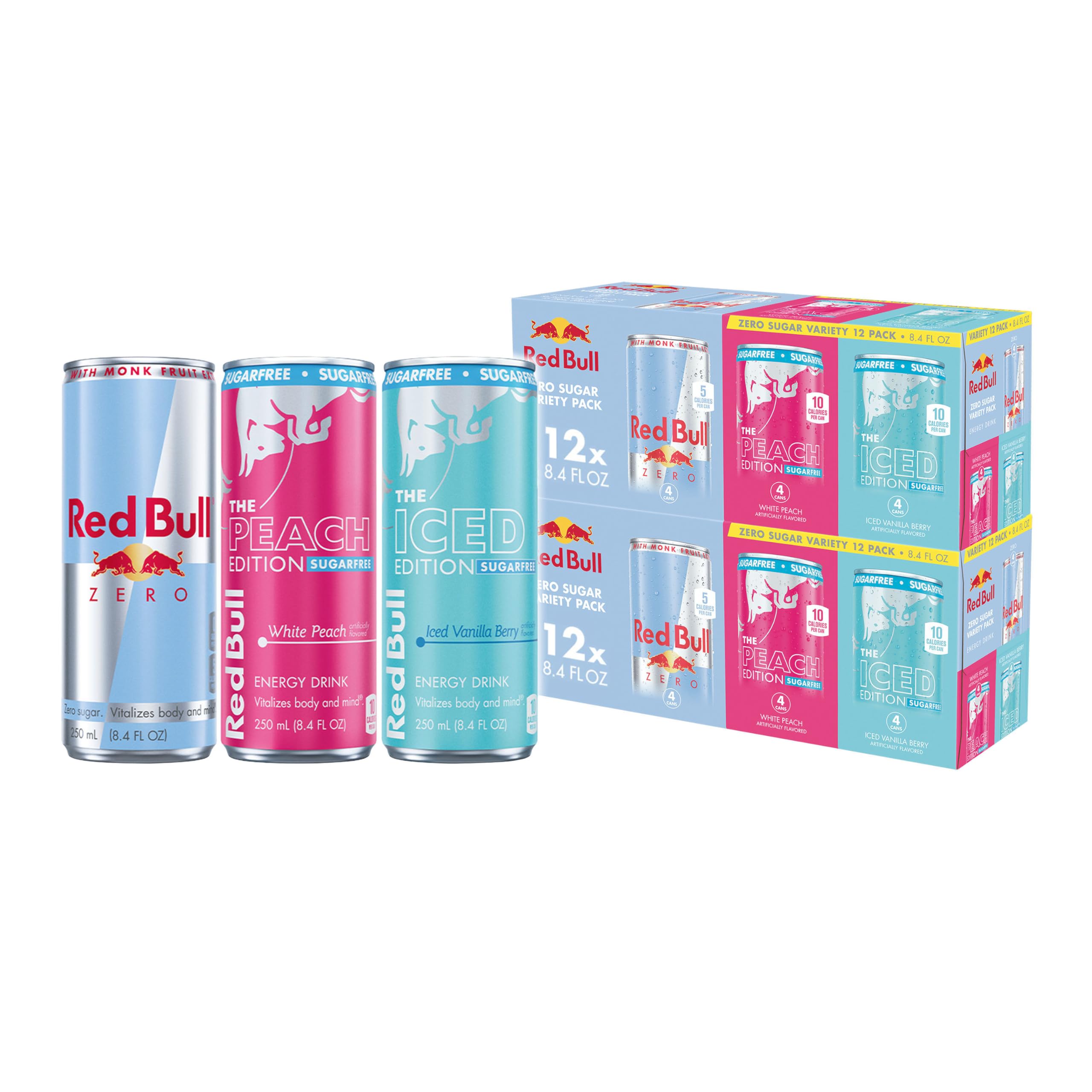 Red Bull Zero Sugar Variety Pack cans lined up for quick energy on the go.