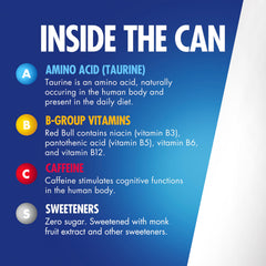 Red Bull Zero can highlights taurine and B vitamins.