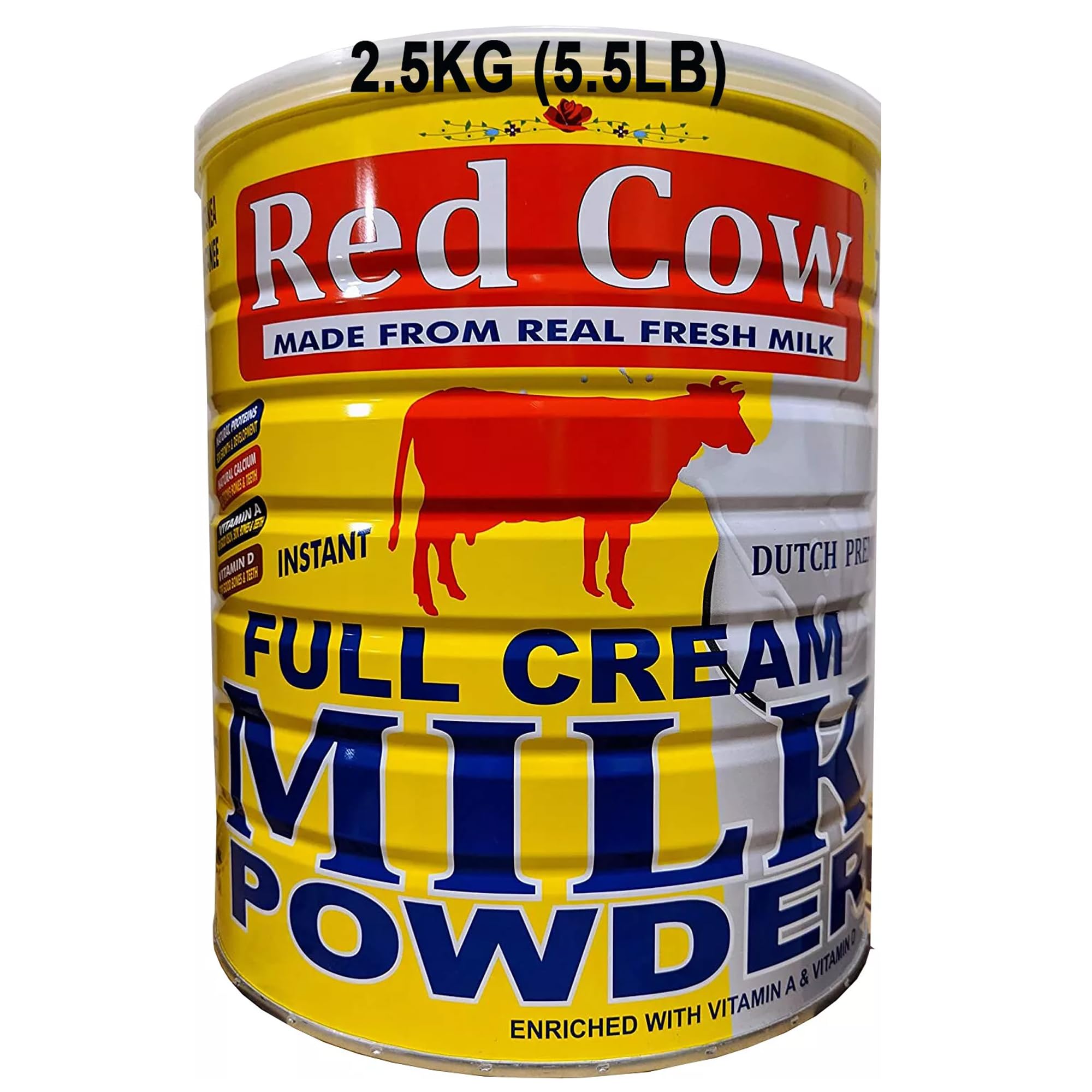 Red Cow full cream milk powder front label showcasing vitamins A and D