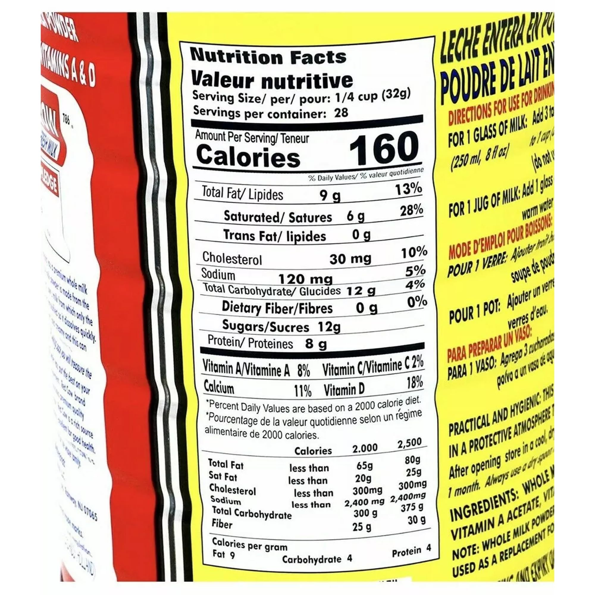 Nutrition panel on Red Cow milk powder tub highlighting calcium and protein