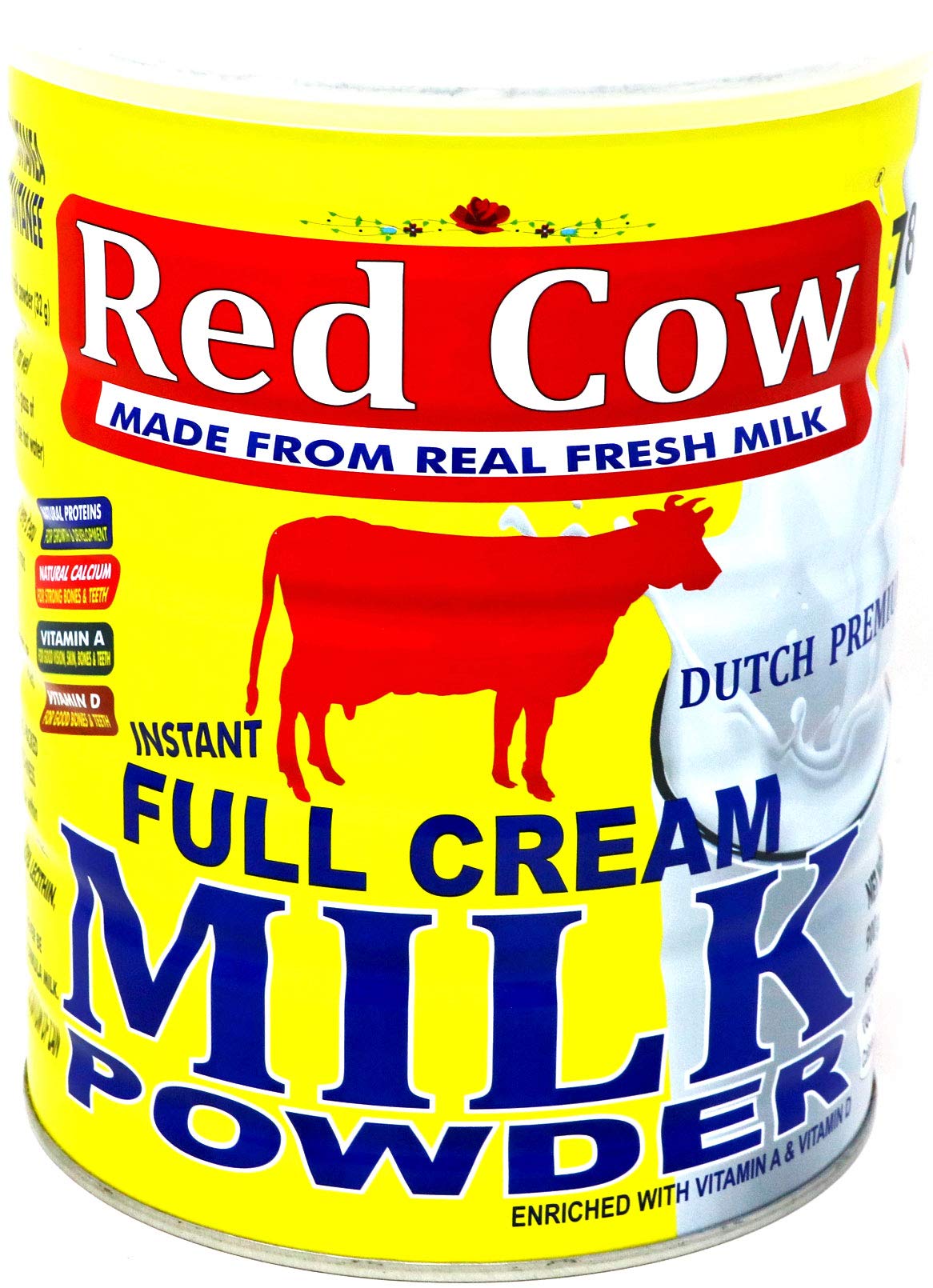 Red Cow packaging showing 900g full cream milk powder, a Dutch premium choice.