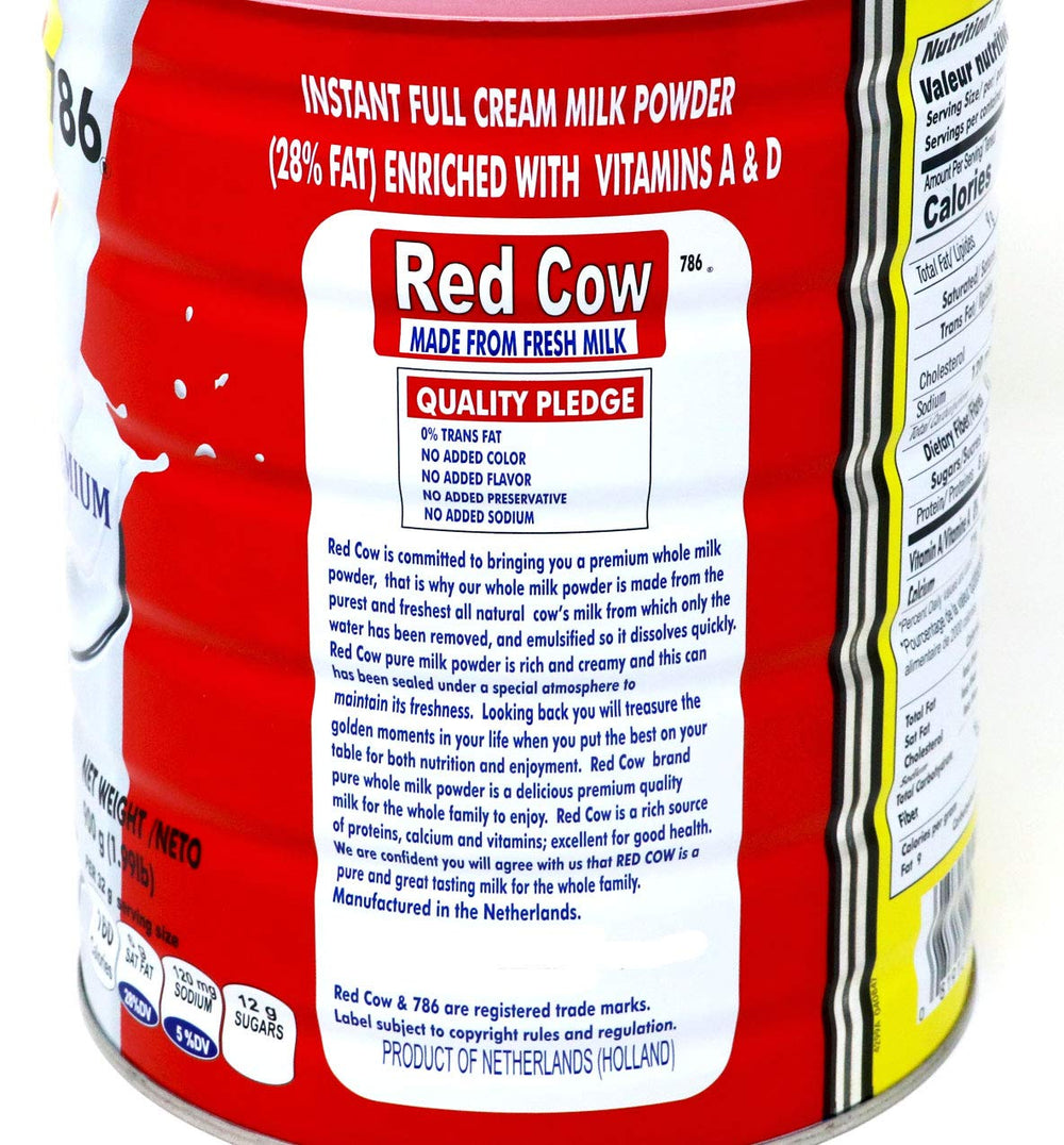 Red Cow nutrition label close-up highlights vitamins and Dutch origin.