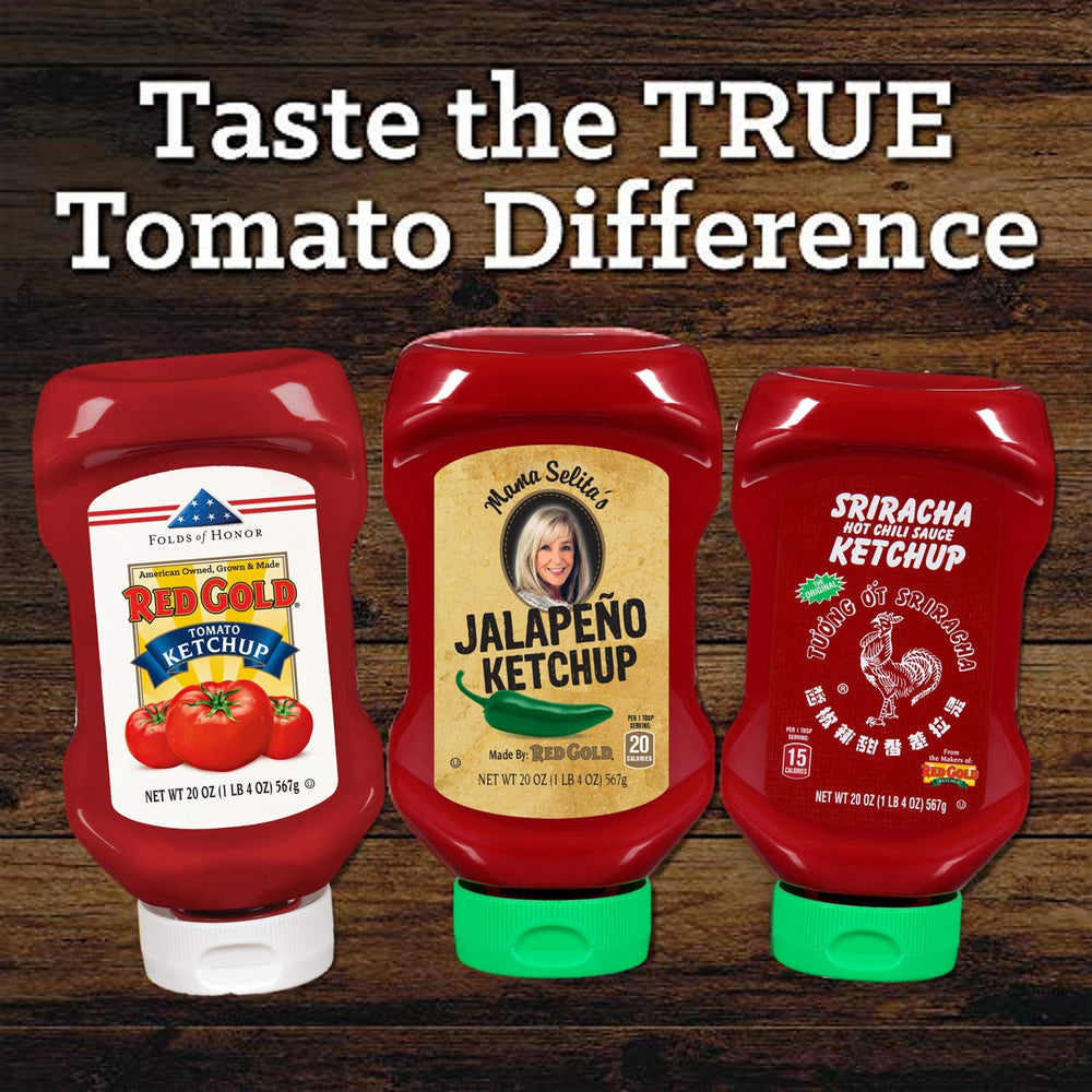 Red Gold Ketchup icons for Kosher, Vegan, Gluten-free provide inclusive choice.