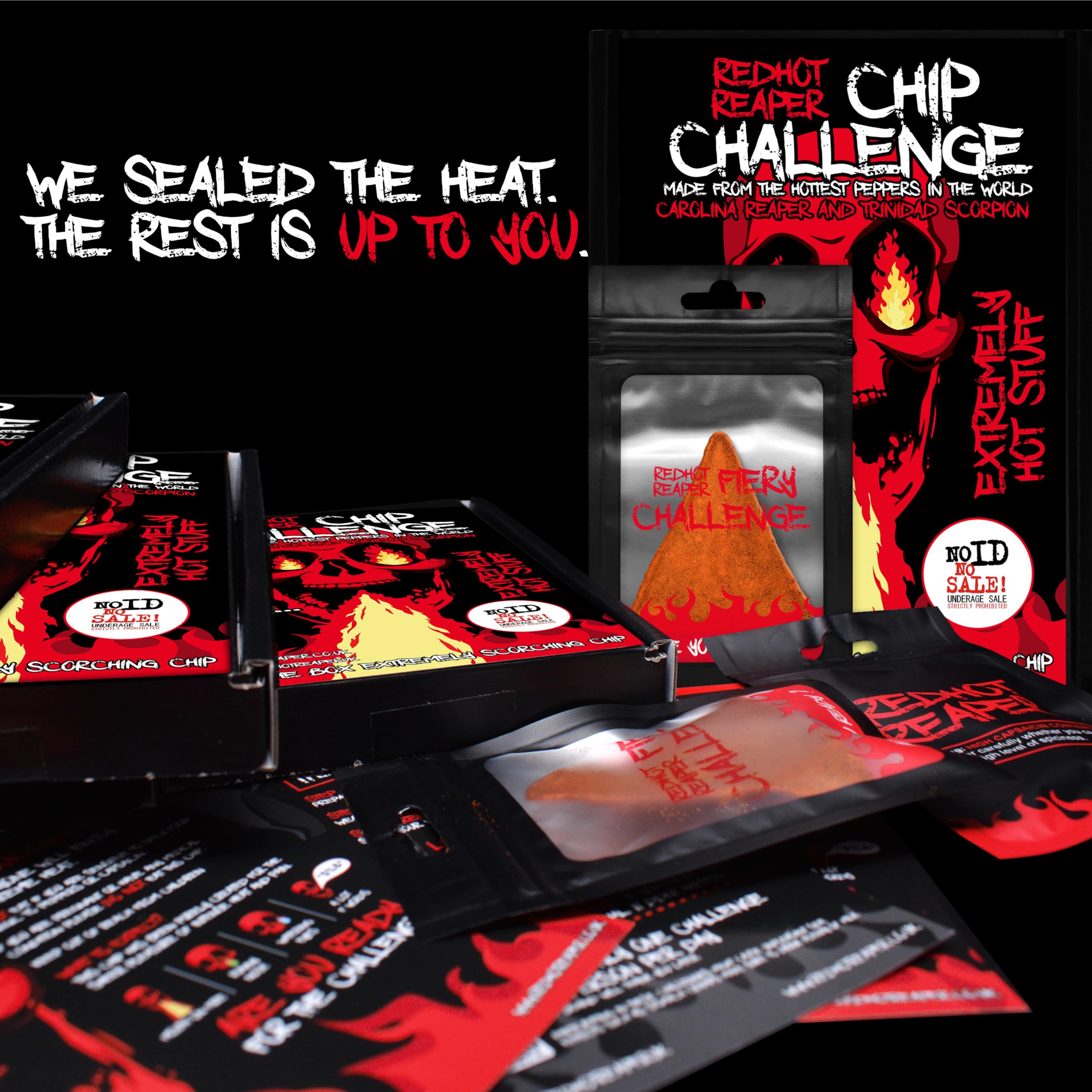 Red Hot Reaper close-up ingredients spotlight the Carolina Reaper and Trinidad Scorpion peppers.