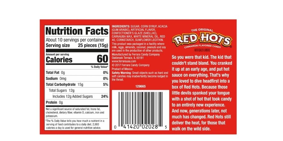 Red Hots 5.5-ounce box with bold cinnamon flavor.