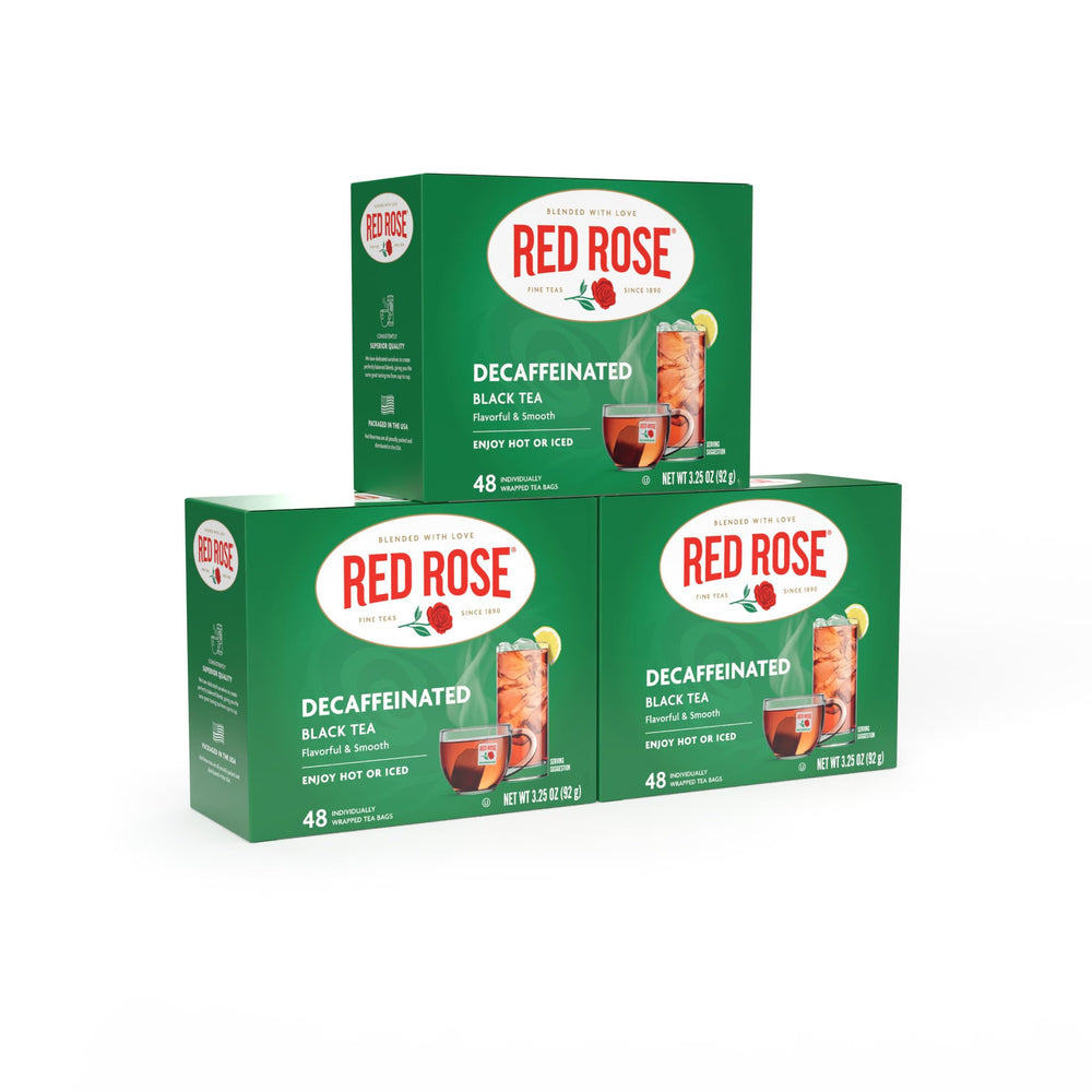 Red Rose decaf black tea bags for a smooth, flavorful cup anytime