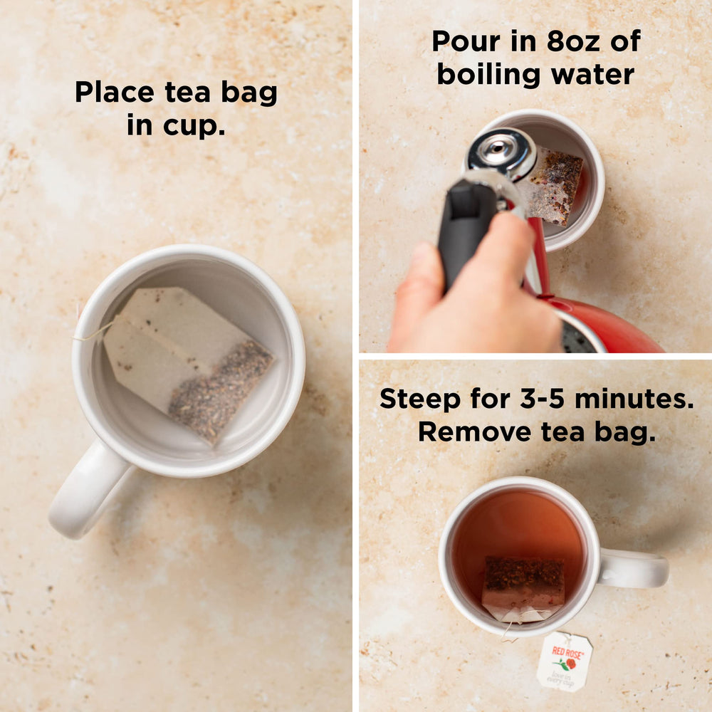 Red Rose decaf black tea cup with inviting aroma and smooth finish.