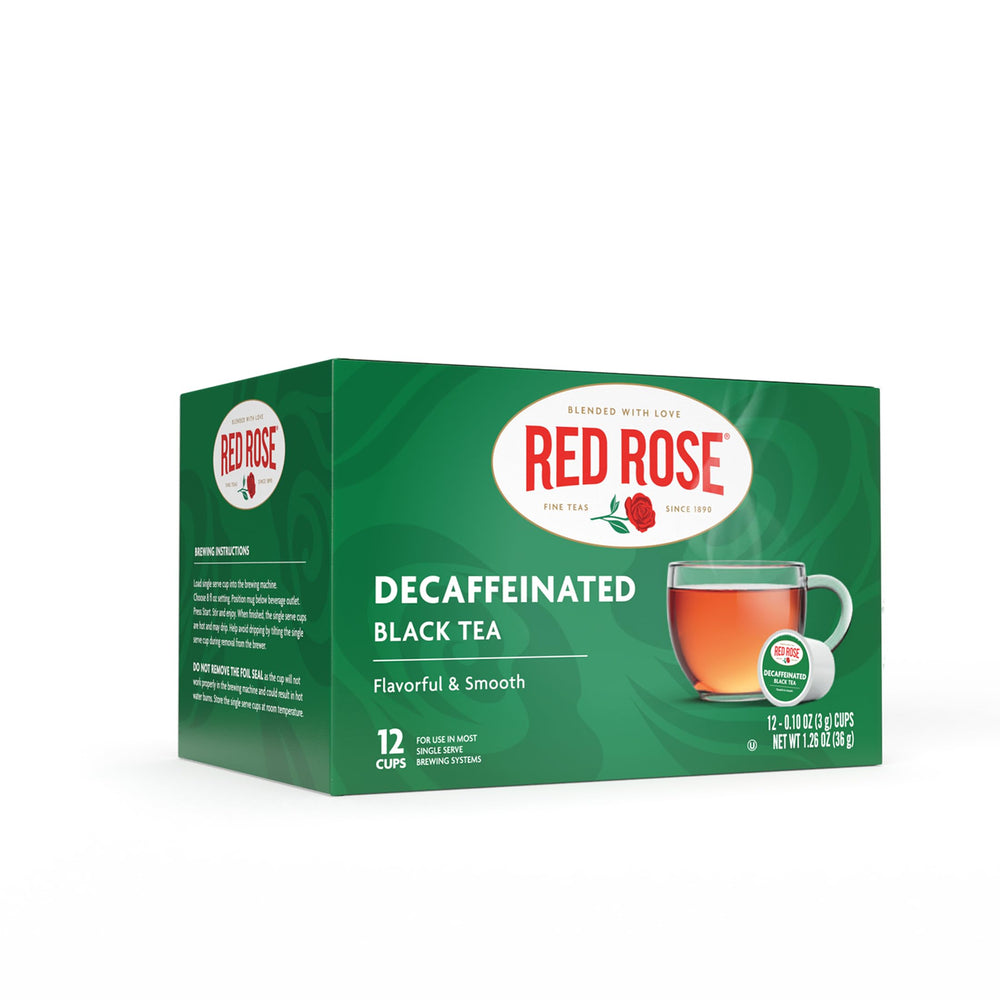 Red Rose decaf black tea K-Cup box showing 12 single-serve packs for easy brewing.