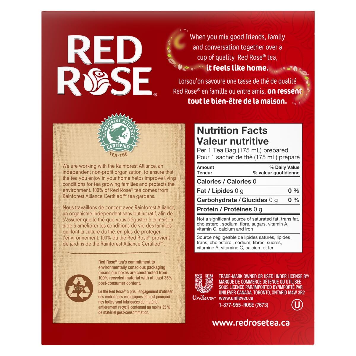 Red Rose Orange Pekoe tea bags box and cups arrangement for everyday use