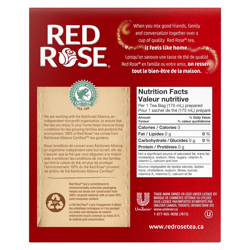 Red Rose Orange Pekoe tea bags box and cups arrangement for everyday use