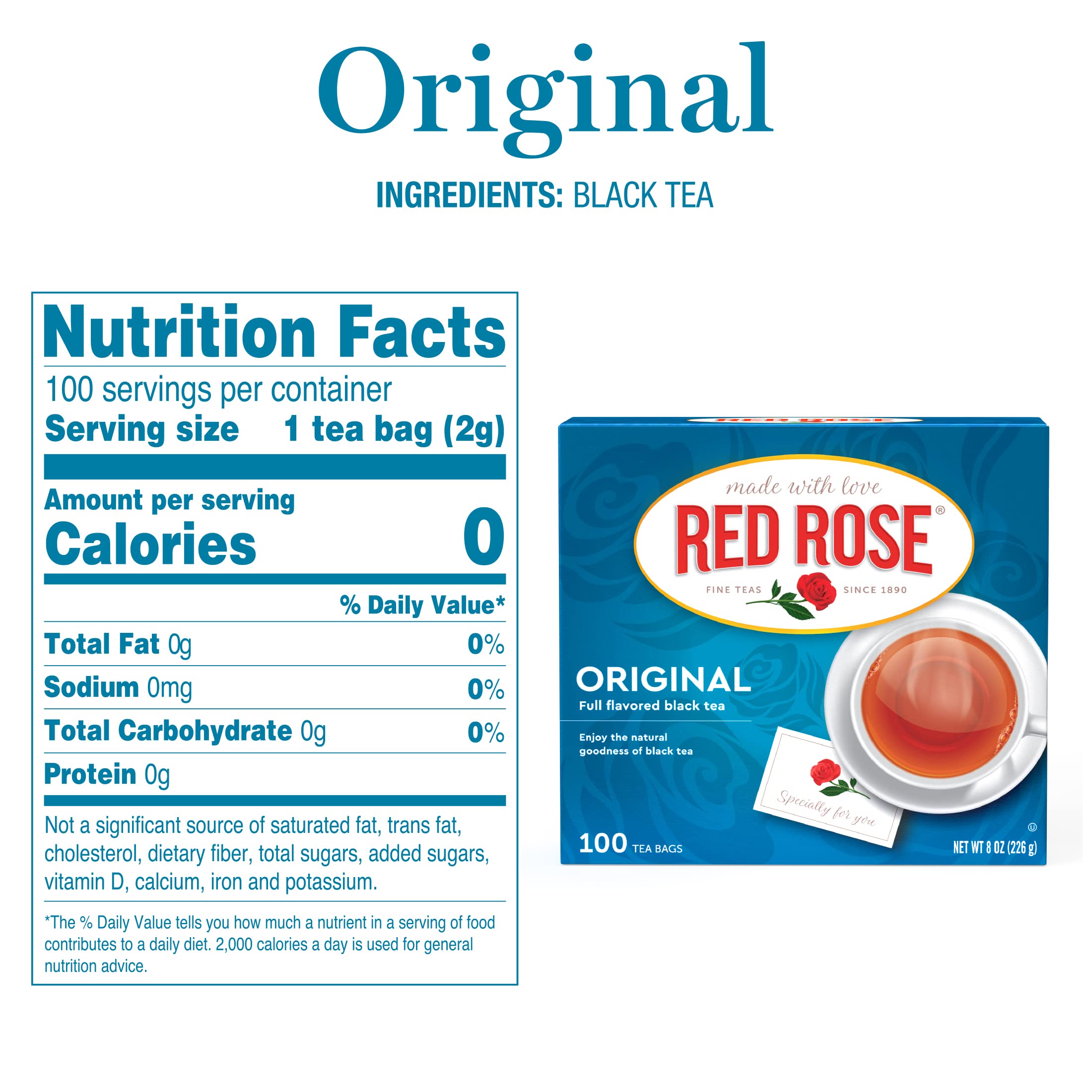 Red Rose Original Tea bags closeup highlighting convenient tag and strength