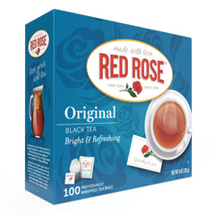 Red Rose Original Tea box with 100 bags for daily refreshment.