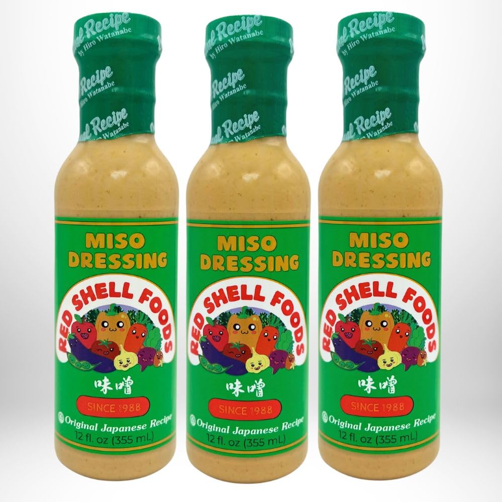 Red Shell Miso Dressing 12-oz bottle trio on shelf, ready to elevate salads.