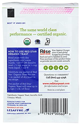 Red Star Organic Instant Yeast ingredients label showing organic, vegan components