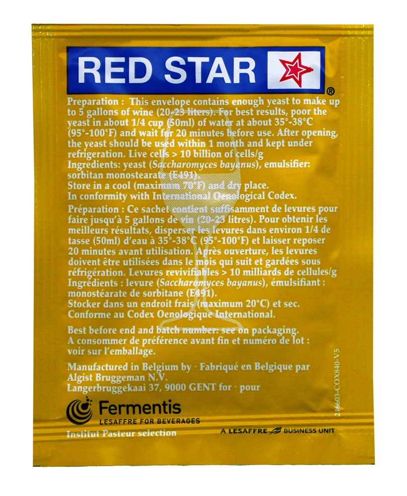 Red Star Premier Blanc yeast with 13-15% alcohol tolerance for robust wines.