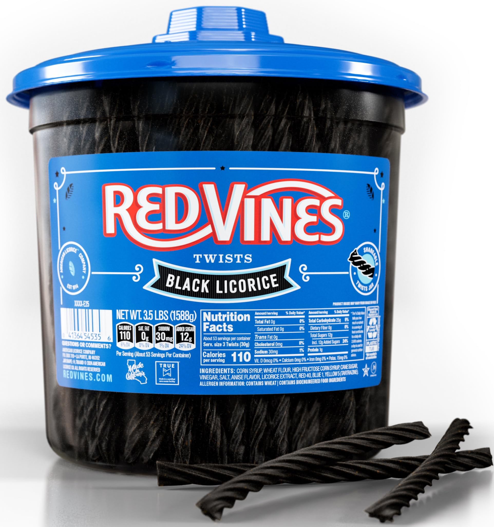 Red Vines Black Licorice jar with soft chewy twists, ideal for snacks and entertaining.