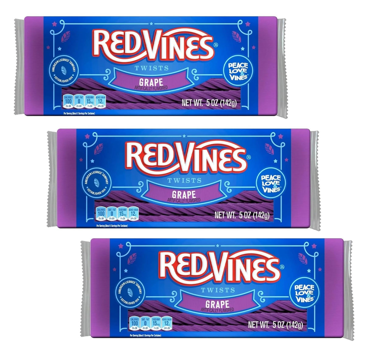 Red Vines Grape Licorice Twists—three 5 oz bags, perfect for sharing during movie nights.