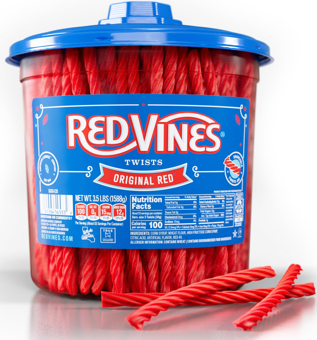 Red Vines Original Red Twists in a 3.5 lb jar, soft chewy licorice for sharing.
