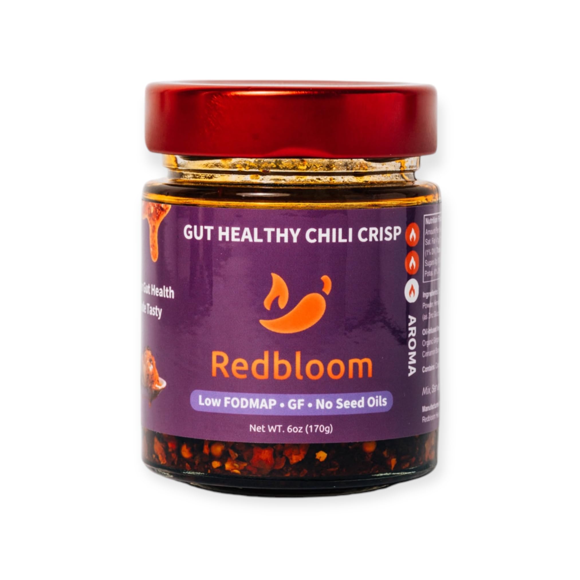 Redbloom gut-healthy chili crisp jar close-up showcases vibrant texture for digestive-friendly meals