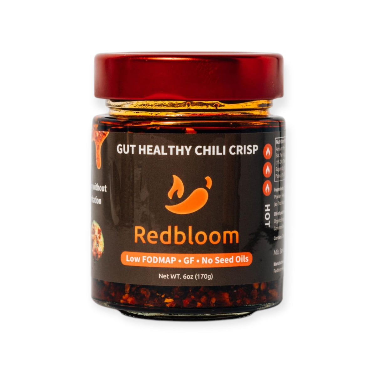 Redbloom Gut-Healthy Chili Crisp jar shows crunchy texture for meals