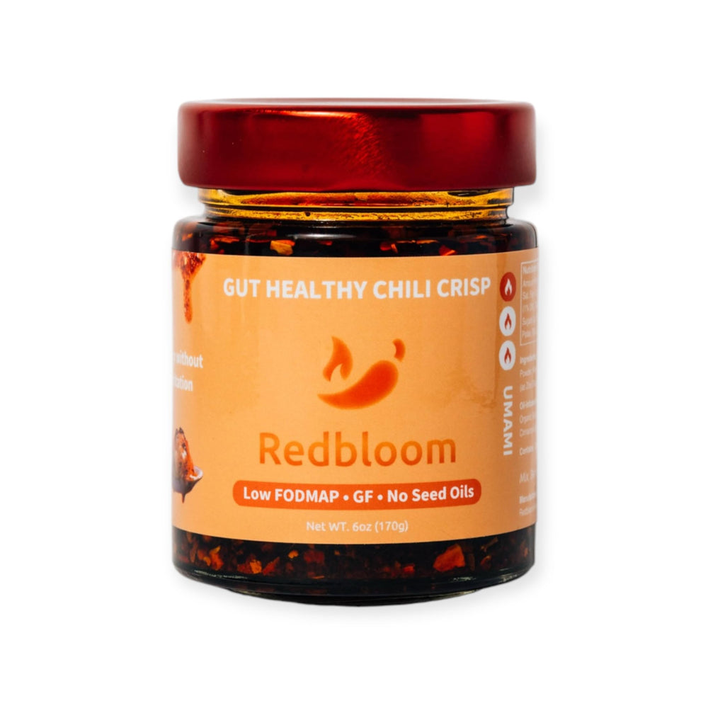 Redbloom Gut-Healthy Chili Crisp jar showcasing fresh flavor and clean ingredients