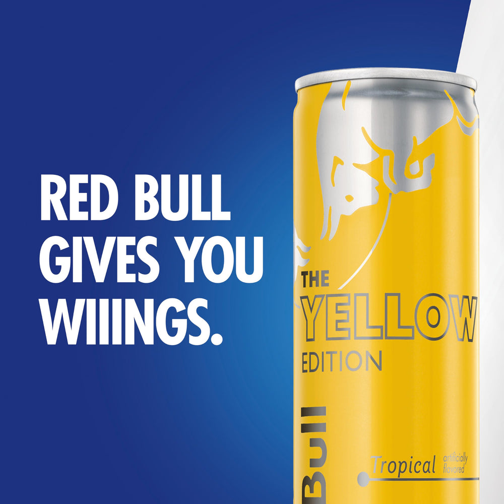 Refrigerated display of Red Bull Yellow Edition pack showing cooling