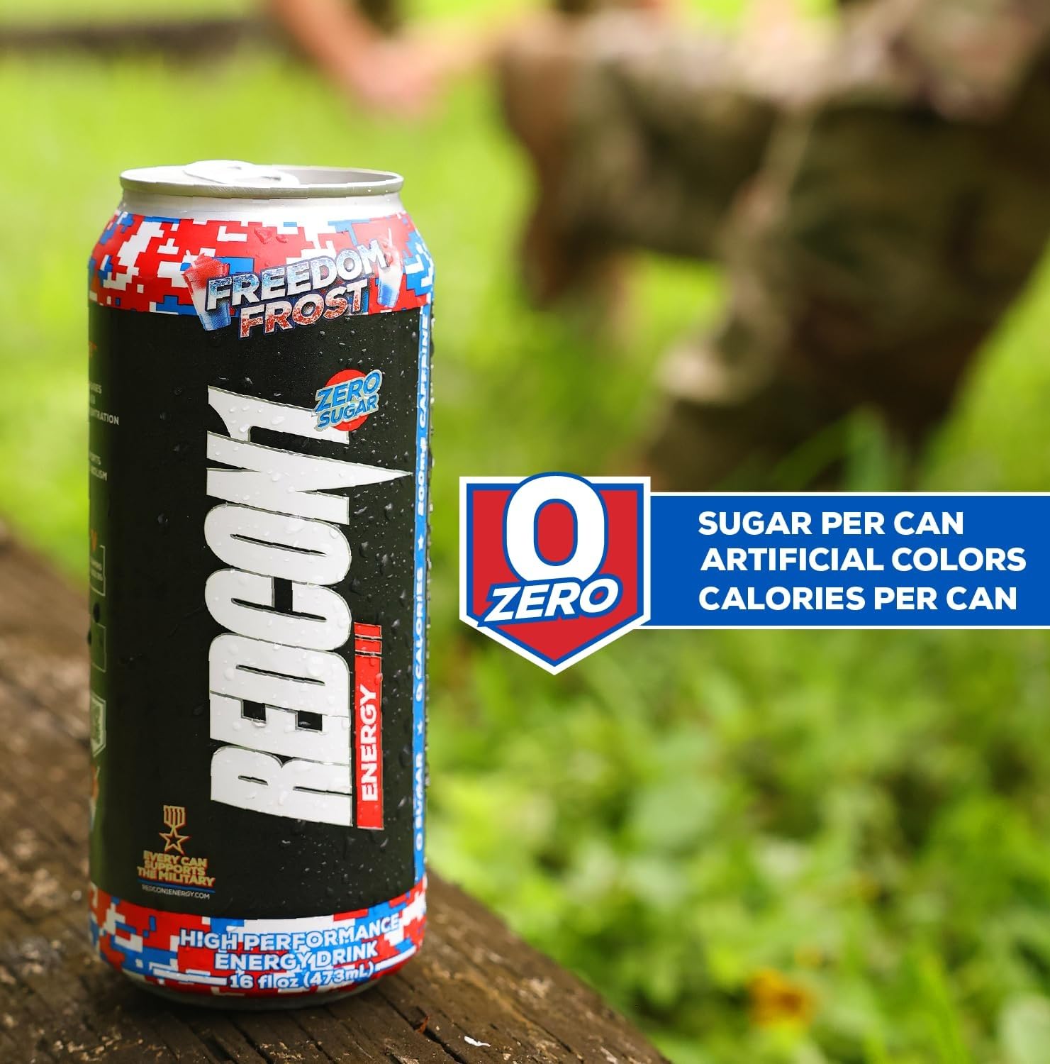 REDCON1 Energy Freedom Frost glass with ice signaling a refreshing flavor and energizing effect.