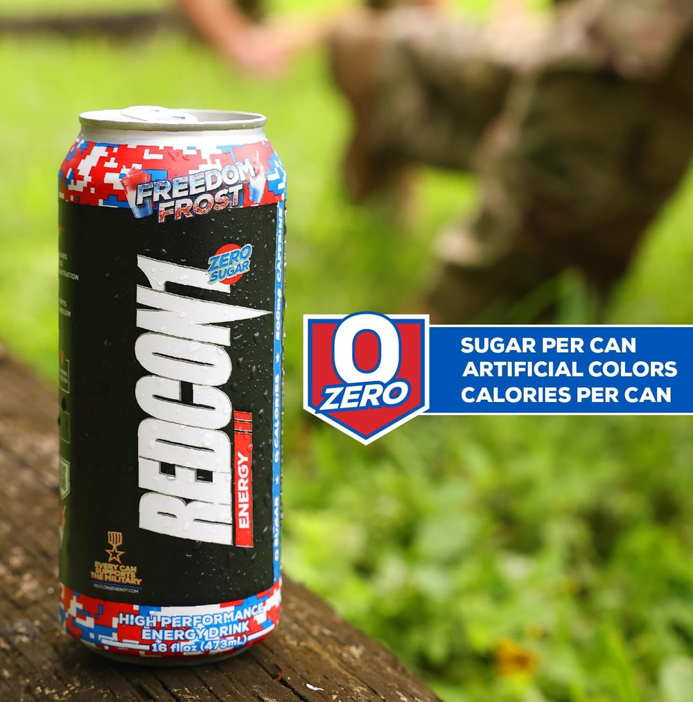 REDCON1 Energy Freedom Frost glass with ice signaling a refreshing flavor and energizing effect.