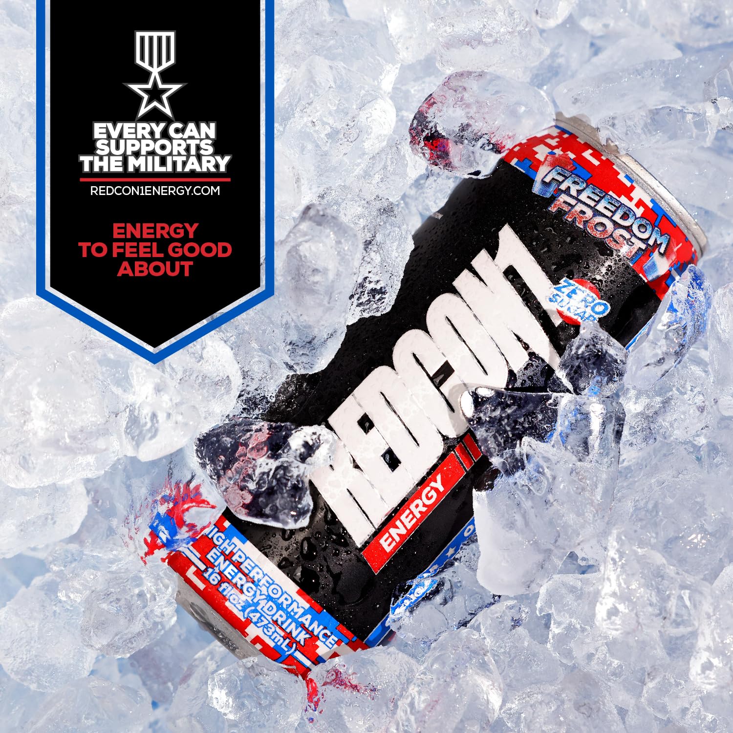 REDCON1 Energy Freedom Frost pack on shelf highlighting a 12-count convenient boost.