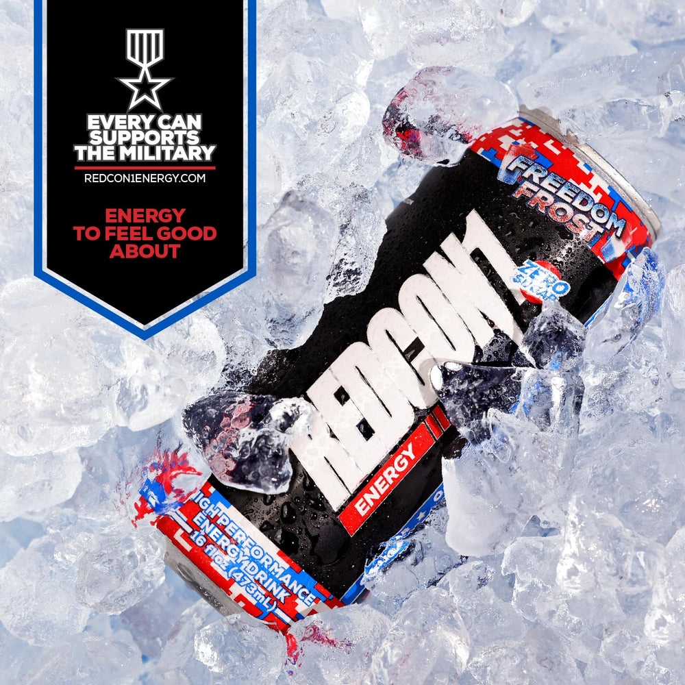 REDCON1 Energy Freedom Frost pack on shelf highlighting a 12-count convenient boost.