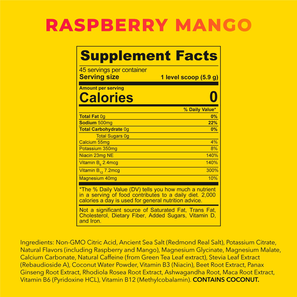 Redmond Re-Lyte Energy Raspberry Mango label, flavor-forward and energizing for daily use.