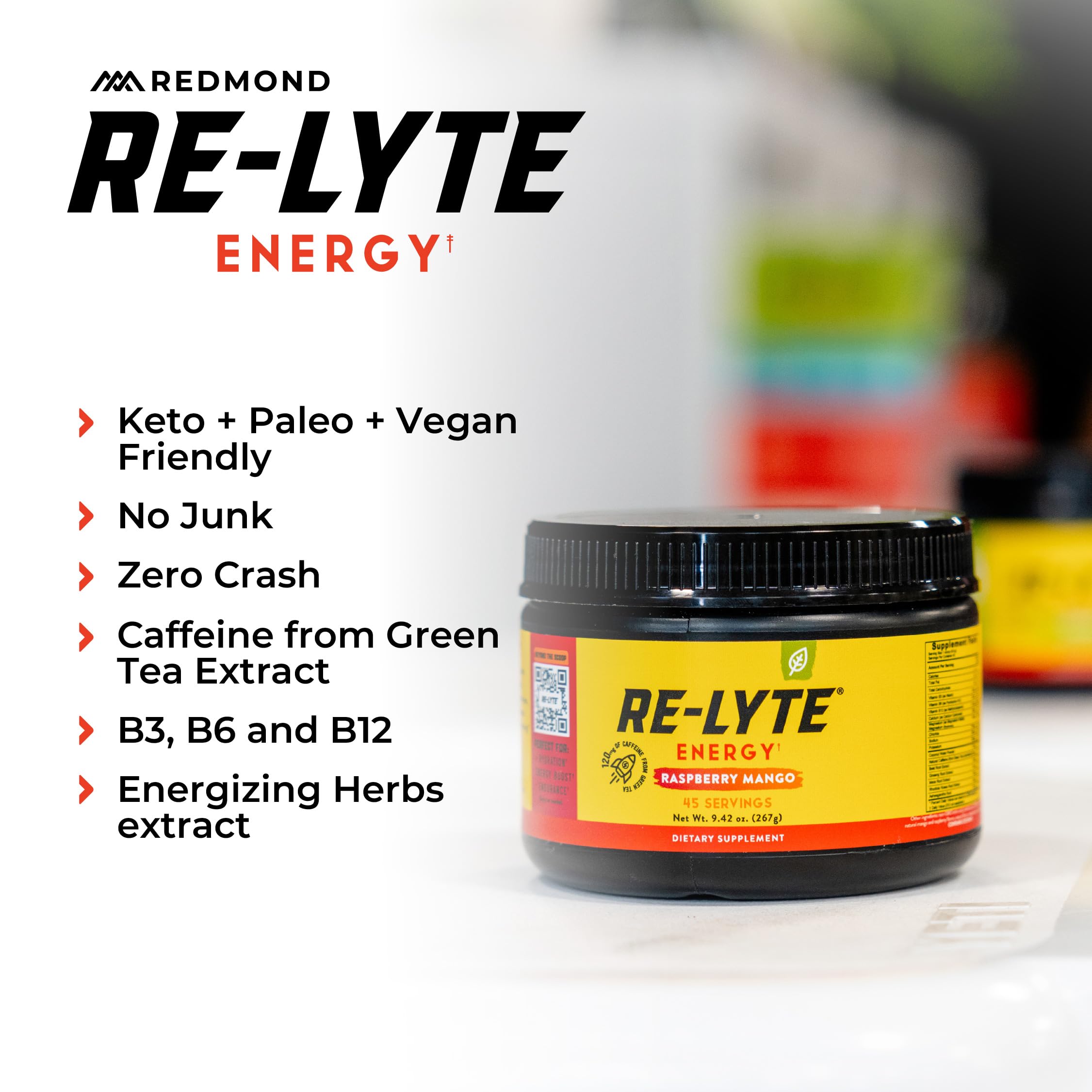 Redmond Re-Lyte Energy jar packaging highlighting clean ingredients and no artificial additives.