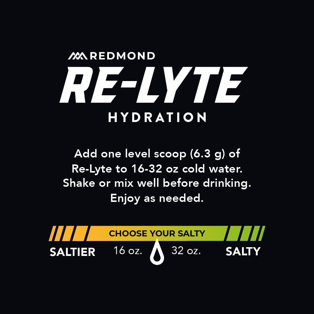 REDMOND Re-Lyte ingredients highlight 2:1 sodium to potassium ratio and electrolytes.