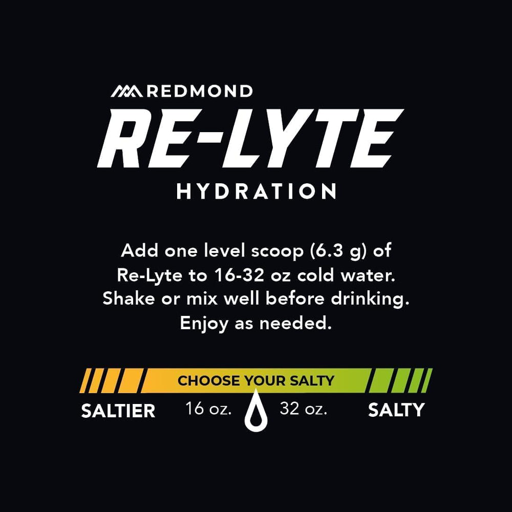 REDMOND Re-Lyte ingredients highlight 2:1 sodium to potassium ratio and electrolytes.