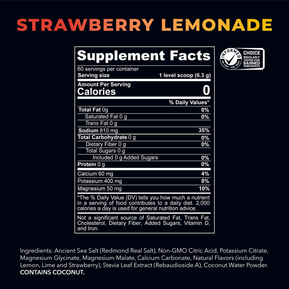 REDMOND Re-Lyte strawberry-lemonade label highlighting real salt and mineral blend.