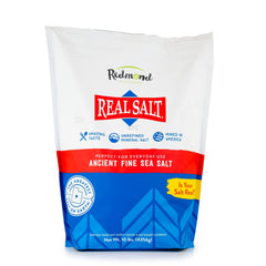 Redmond Real Salt 10 lb bag label, natural unrefined sea salt for cooking.