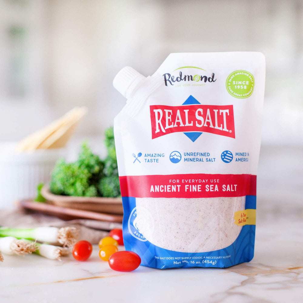 Redmond Real Salt 16-ounce pouch open image emphasizes easy scooping and portion control