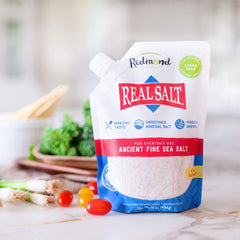 Redmond Real Salt 16-ounce pouch open image emphasizes easy scooping and portion control