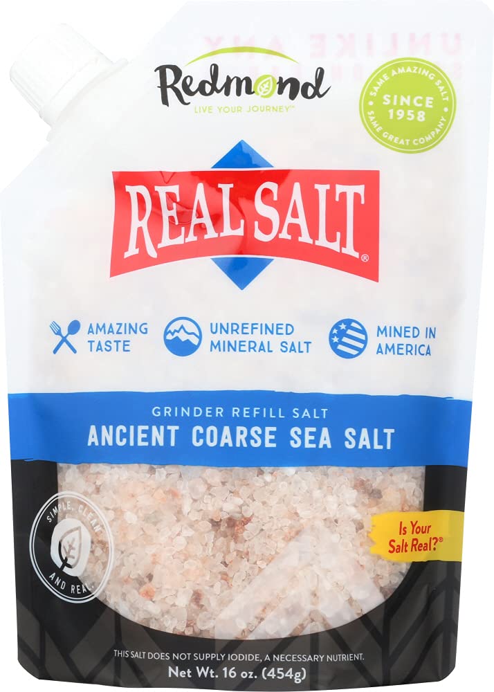 Redmond Real Salt coarse salt in grinder refill pouch ready for cooking.