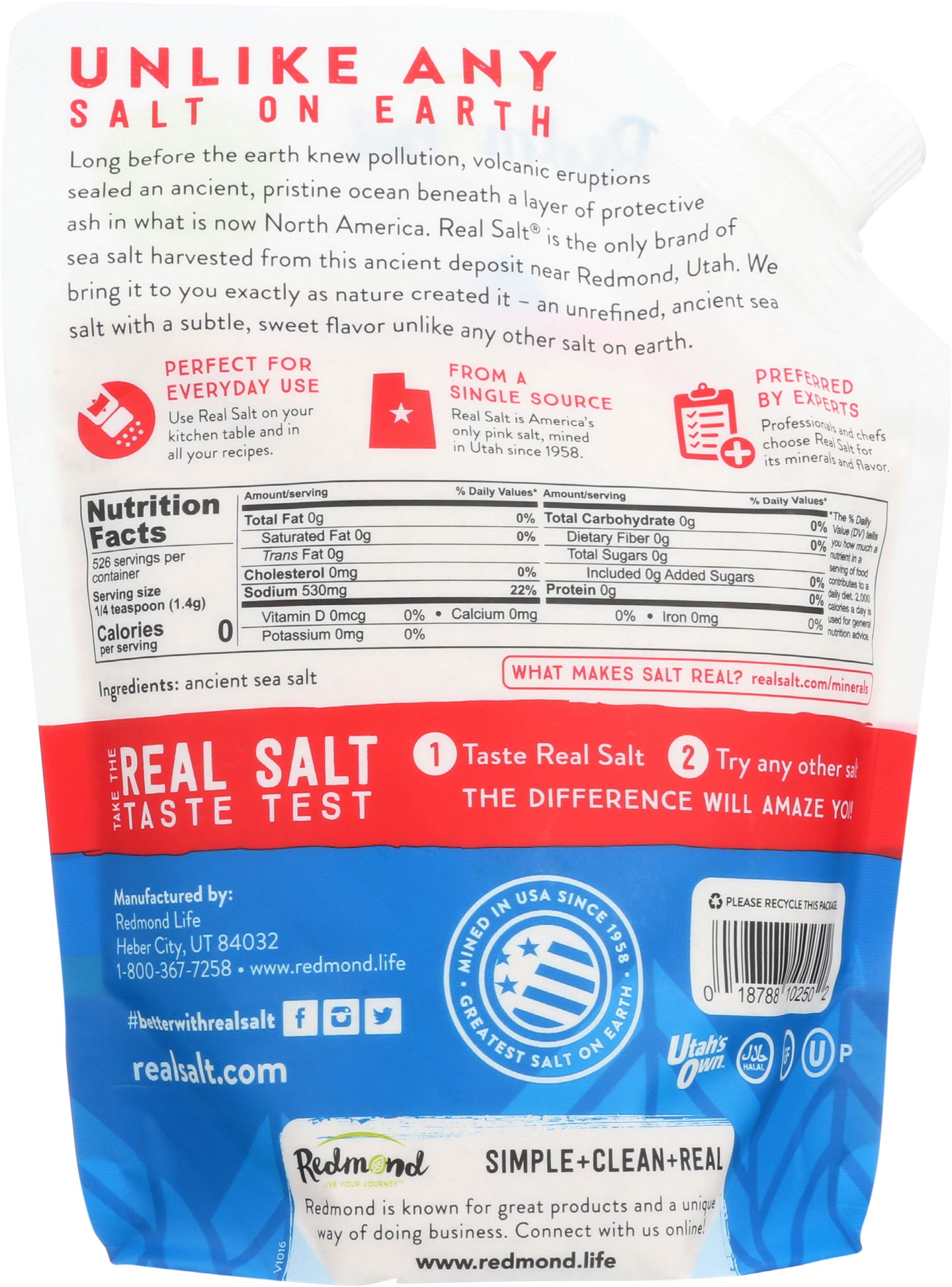 Redmond Real Salt refill pouch and shaker setup for easy kitchen storage.