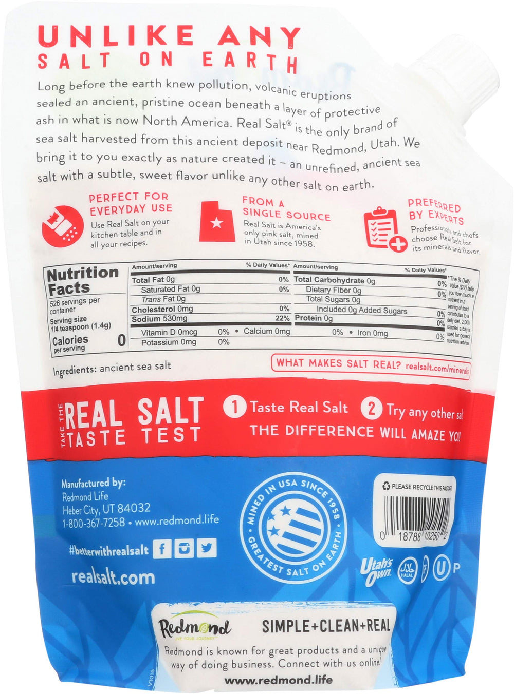 Redmond Real Salt refill pouch and shaker setup for easy kitchen storage.