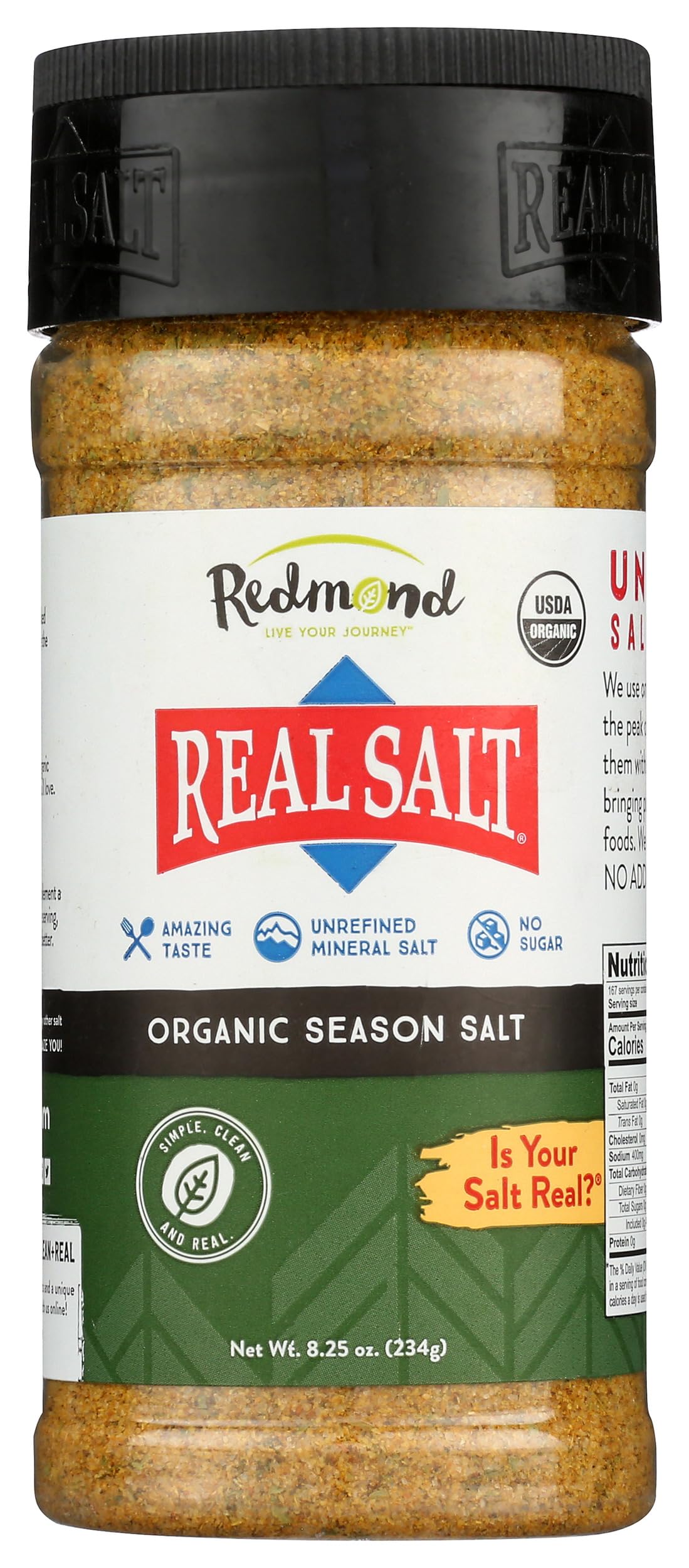 Redmond Real Salt Seasoning jar front showing unrefined mineral-rich crystals