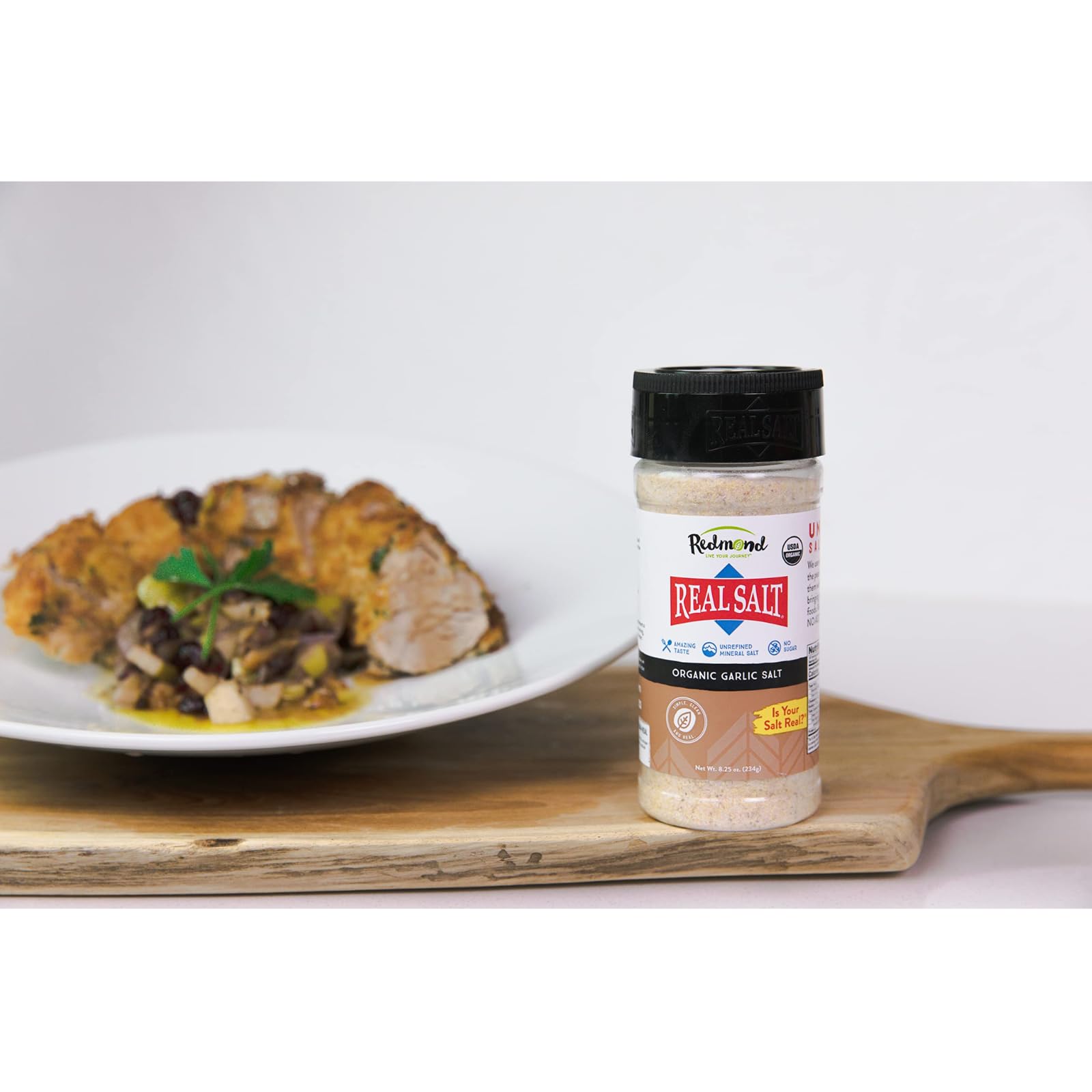 Redmond Real Salt Garlic Salt on the kitchen counter ready to use