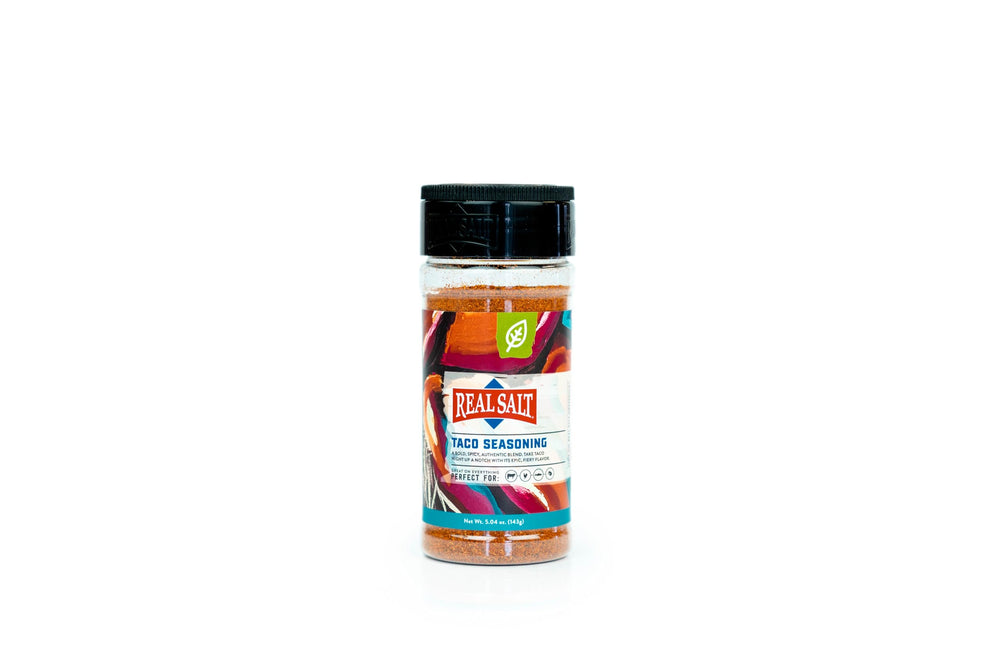 Redmond Real Salt Taco Seasoning bottle front for quick, flavorful taco nights.