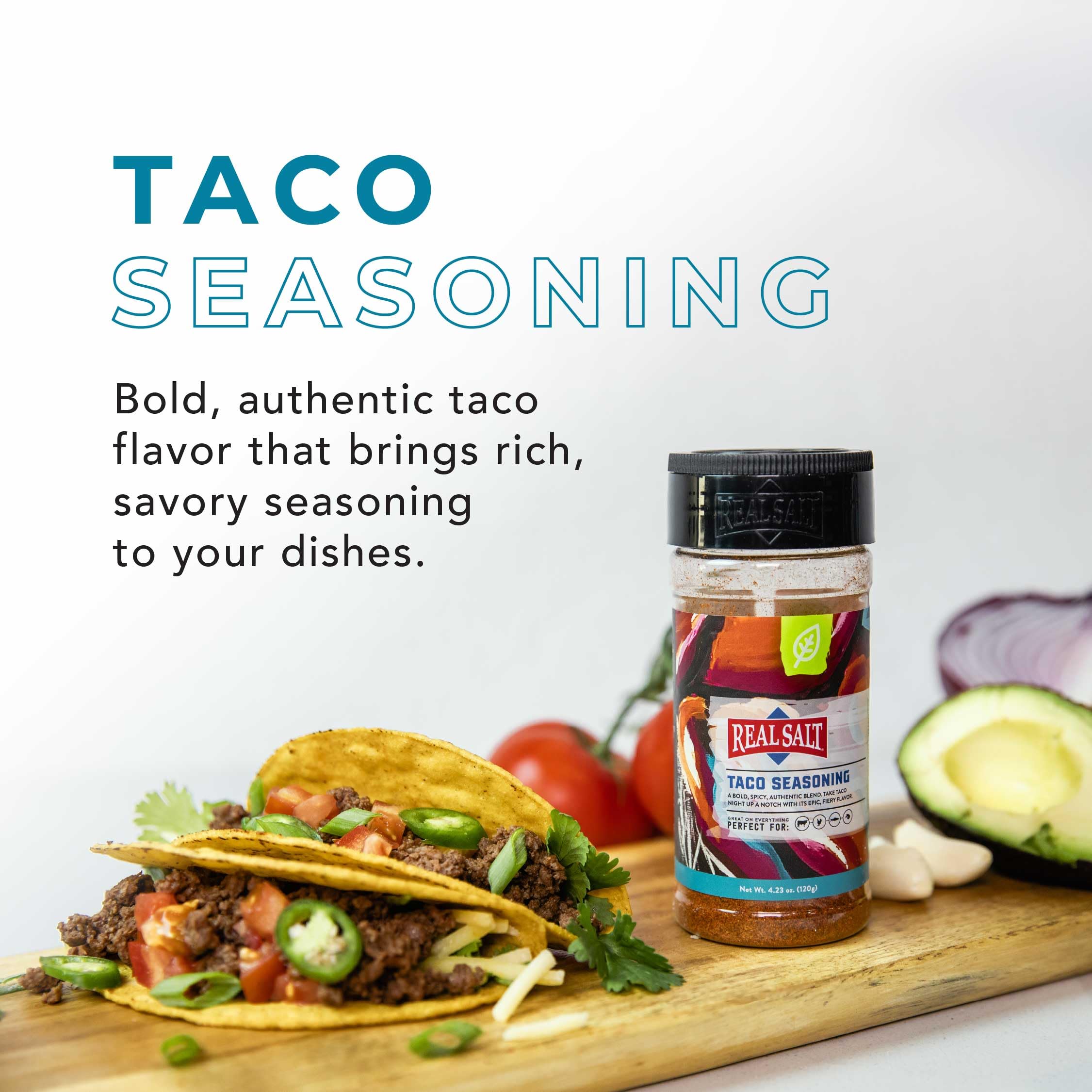 Redmond Real Salt Taco Seasoning label close-up highlighting mineral-rich blend.