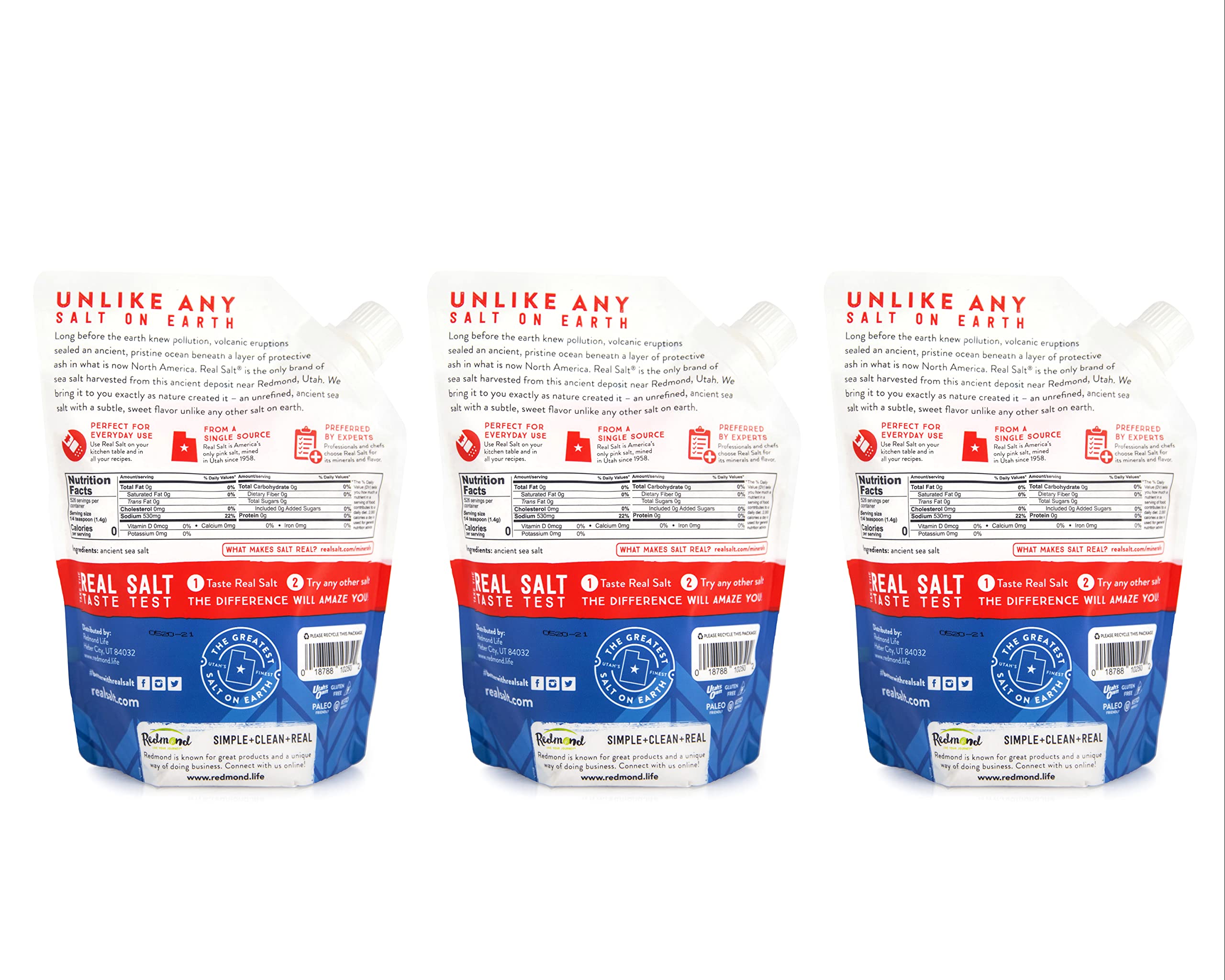 Redmond Real Salt three-pack packaging showcases pantry-ready convenience for daily cooking