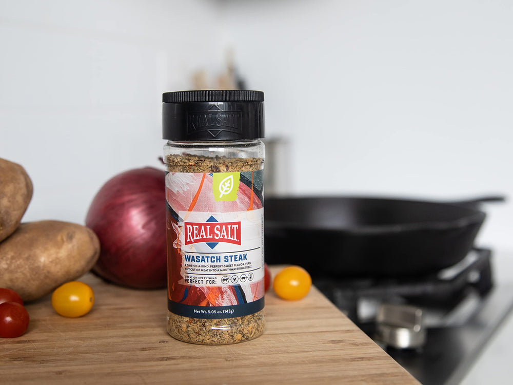 Redmond Real Salt Wasatch Steak herbs and spices, organic blend for versatile cooking.
