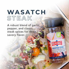 Redmond Real Salt Wasatch Steak ingredients closeup, botanicals and spices for a savory blend.