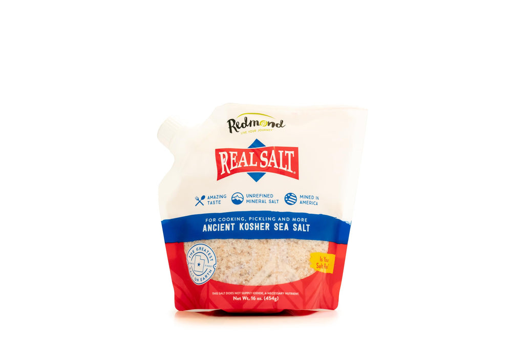Redmond Real Sea Salt 16-ounce pouch on shelf for easy access